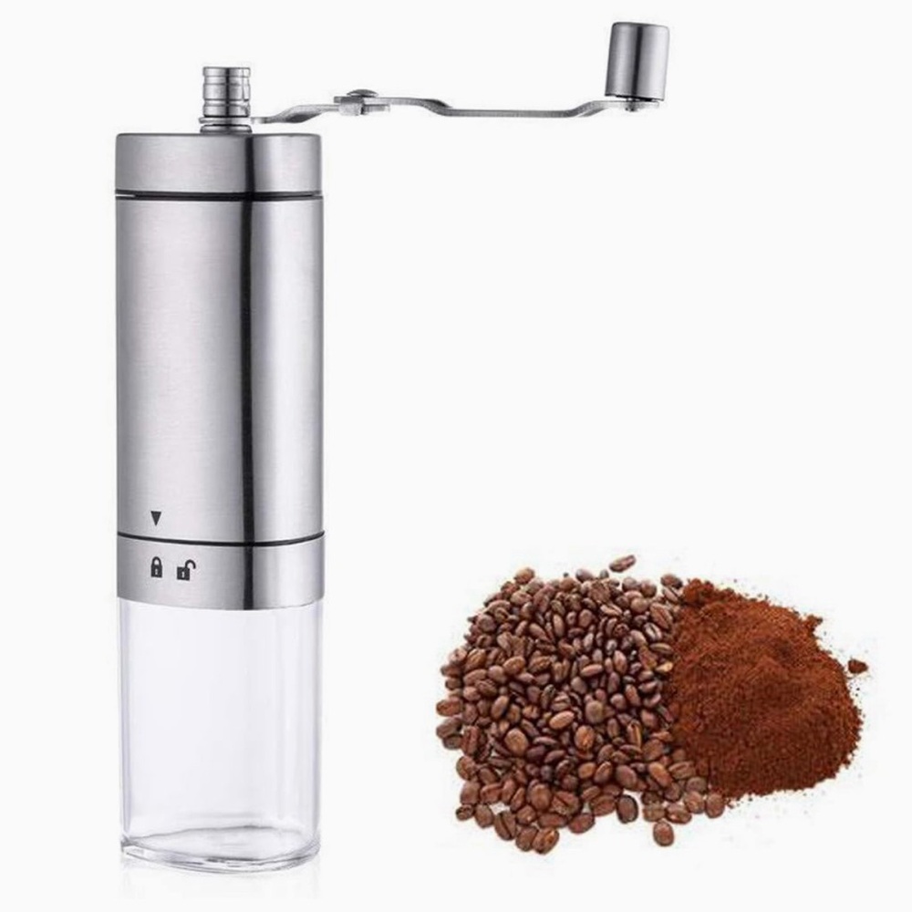 Manual coffee grinder by friendly roast. Portable stainless steel.